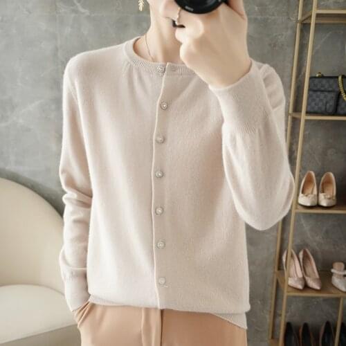 2021 Spring Autumn New 100% Pure Wool Cardigan Womens Round Neck Loose Sweater Short Solid Color All-Match Knit Bottoming Shirt