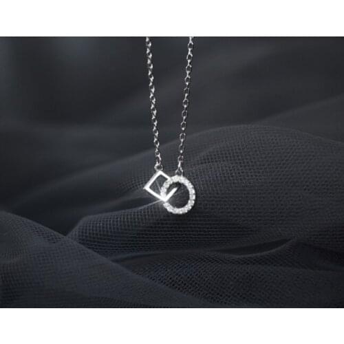Authentic 100% REAL. 925 Sterling Silver FINE Jewelry CZ 4A+ Set Open Square Locked Circle Geometric Pendant Necklace C-D7187