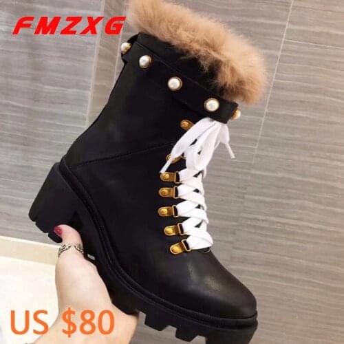 Winter Super Quality Genuine Leather Boots Top Designer Brand Fashion String Bead Elastic Band Flat Platform Fur Warm Snow Boots
