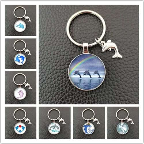 Cute cartoon dolphin glass cabochon decoration keychain ocean world dolphin art picture glass dome jewelry gift