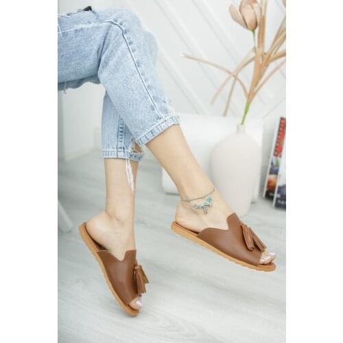 Tan Women 'S Tassels Slippers Double Fes Tassels Soft Slippers Society Slipper Dowry Bohça Slipper