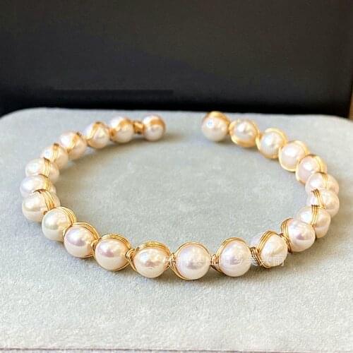 Vintage Graceful Freshwater Natural Pearls Geometric Cuff Bracelet Handmade Copper Strand Golden Wedding Bracelet Accessories
