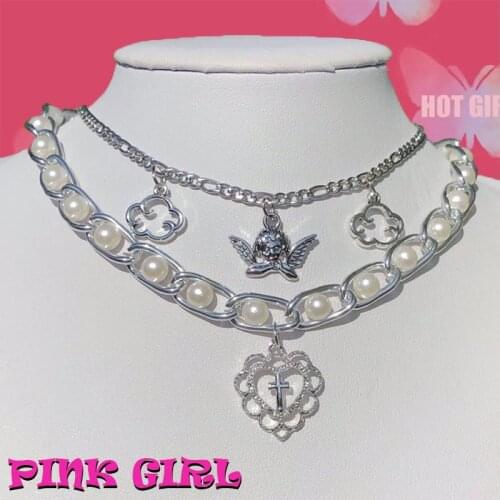 Y2K Jewelry Cloud Angel Heart Necklace for Women Pearl Vintage Fashion Harajuku Necklace Charms 90s Aesthetic Gifts New Party