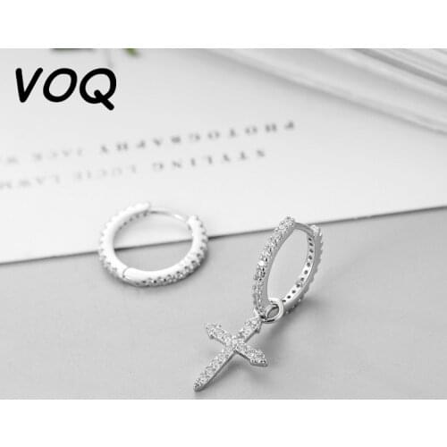 VOQ 925 Sterling Silver Inlaid Cubic Zircon Cross Pendant Earrings Female Asymmetric Hoop Earrings Fashion Jewelry