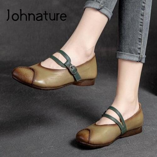 Johnature Genuine Leather Buckle Strap Flats Women Shoes Round Toe 2021 New Autumn Concise Shallow Handmade Leisure Ladies Shoes