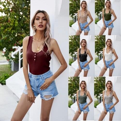 Woman tshirts 2021 new pure color summer tees double-breasted Henley outer wear female vest harajuku t shirt women AXR09