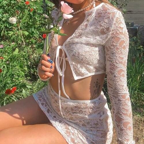 2020 Sexy Lace Floral Lady Matching Sets Long Sleeve Lace Up Cardigan Crop Top + Mini Bandage Skirt Mesh See-through Skirt Suits