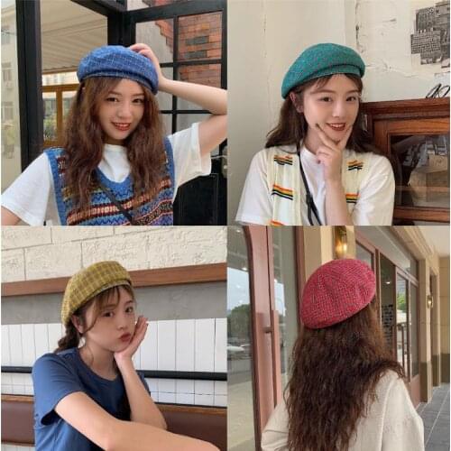 Trend French Plaid Female Retro Cotton Beret Vintage High Quality Spring Summer Women Yellow Painters Cap