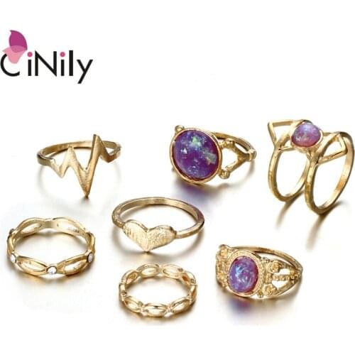 CiNily Created Purple Opal Bohemian Geometric Pattern Vintage Rings 7pcs / set Yellow Gold Color for Women Jewelry Ring SJ005