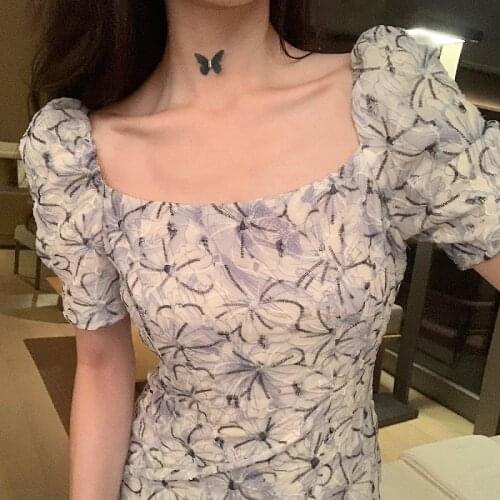 Bella One Piece Dress Korean Short Sleeve Elegant Midi Dress Women Design Floral Vintage Dress Office Ladies 2021 Summer Chic