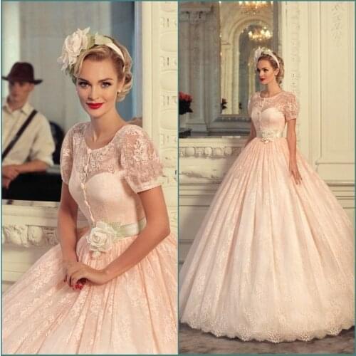 Robe De Marie Plus Size Lace Blush Pink Wedding Dresses Vintage 2021 Peach Short Sleeves Vestido De Novia Sweep Train