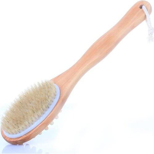 100PCS 35cm 2-in-1 Sided Natural Bristles Scrubber Long Handle Wooden Spa Shower Brush Bath Body Massage Brushes SN2708