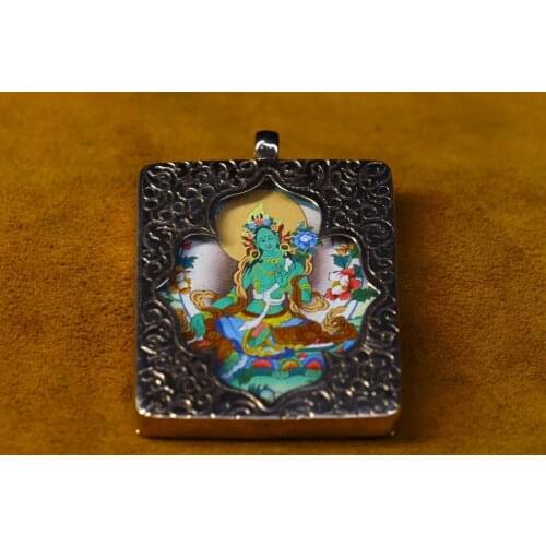 2"Tibet temple Old Bronze Gilt silver Thangka Green Tara Bodhisattva Amulet Pendant Town House Exorcism Ward off evil spirits