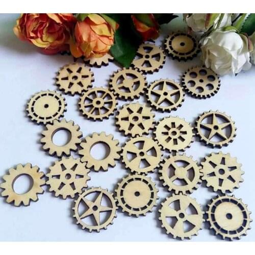 50pcs Random mix Wooden chips Round Hollow gear Wood Button Embellishment for Craft Decoration Wedding Festival Supplies