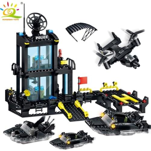 631PCS SWAT Marine Police Station Boat City Ship Policemen Figures Bricks for Children Building Blocks