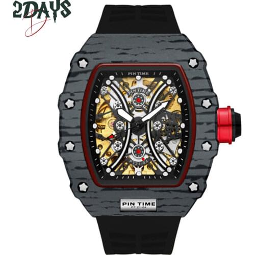 PINTIME Automatic Mechanical Watch Men Steampunk Skeleton Hollow Self-Winding Wristwatch Military Sports Silicone Strap Clock