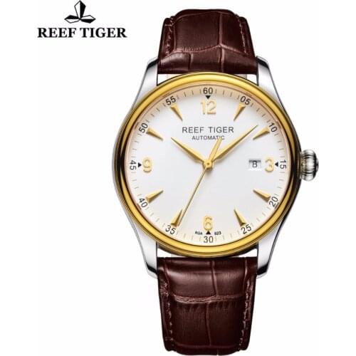 Reef Tiger/RT Casual Automatic Watches Yellow Gold Steel Watches For Men With Date and Leather Strap Watches RGA823