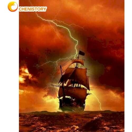 CHENISTORY Sailboat Lightning Ocean Scenery Picture By Numbers Kits For Adults Children HandPainted 60x75cm Frame Wall Decor Art