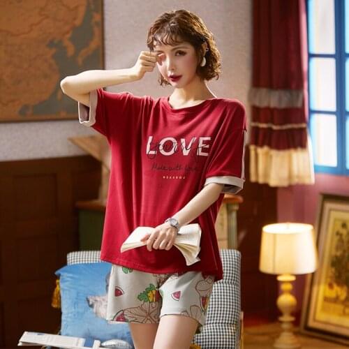 Sweet Girl Home Wear Casual Loose Nighty Loungewear Round Neck 2PCS Red Letter Pattren Pajamas Set Cotton Pijamas For Women