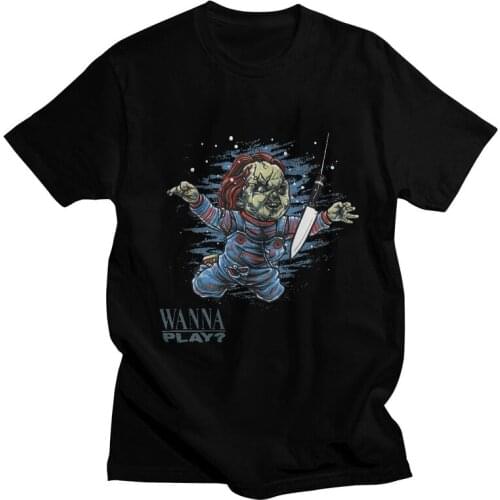 Halloween Wanna Play T Shirt Men Short Sleeve Cotton T-shirt Chucky Childs Play Movie Tees Top Harajuku Tshirts Gift Idea