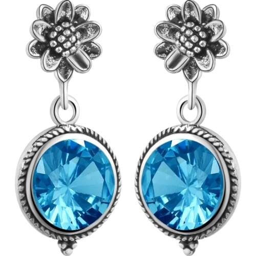 Hainon Luxury Ear Dangle Earrings For Women Blue Color Round With Cubic Zircon Charm Flower Silver Color Earrings Women Jewelry