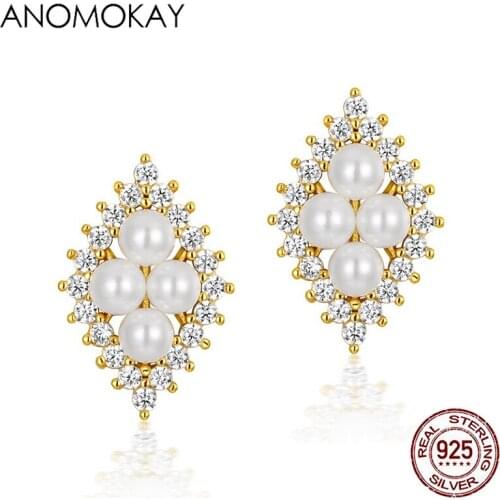 Anomokay Classic Freshwater Pearl Earrings for Women Girl Gift Gold Color Geometric 925 Silver Pearl Earring Fine Jewelry