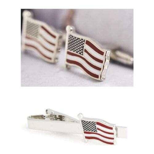 Classic USA Flag Cufflinks&Tie Clips Set America National Flag Cuff Links+Tie Clip Bar Pin Set Mens Gift Fashion Jewelry 30sets