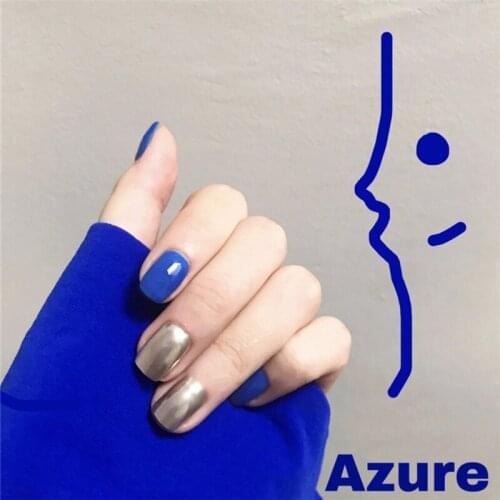 Square -shaped blue and sliver hit pure color false nails french 24pcs short size cute fake nails Japanese lady full nail tips