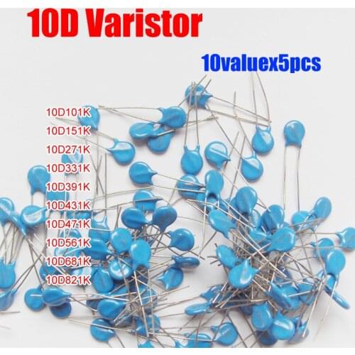 10valuesX5pcs=50pcs Voltage Dependent Resistor Kit 10D101K 10D471K 10D821K etc. Varistor Resistor Pack