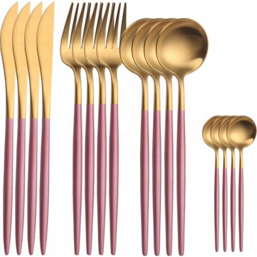Kitchen Cutlery Pink Gold Tableware Stainless Steel Cutlery Set Fork Knife Set Dinnerware Set Spoons and Forks Matte Flatware