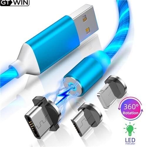 GTWIN 2021 New Flowing Light Magnetic Charging Mobile Phone Cable for iphone charger Wire for Samaung LED Micro USB Type C