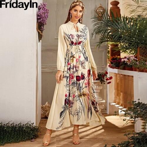 FridayIn Autumn New Women Printed Half Open Neck Tight Sleeve Bowknot Large Sleeve Pullover Elastic Waist Long Muslim Dress Lady