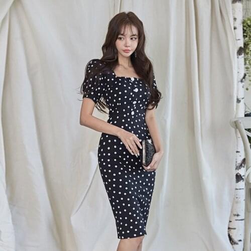 New arrival fashion party dress women elegant summer vintage square collar puff sleeve dot temperament slim midi pencil dress