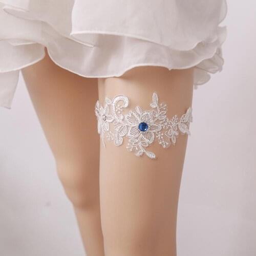 Wedding Garter Rhinestone Embroidery Flower Beading Blue Sexy Garters For Women/Female/Bride Thigh Ring Bridal Leg Garter Belt