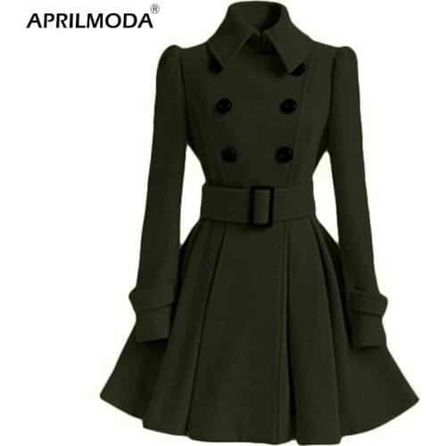 Korean Womens Woolen Windbreaker Overcoat Jacket Red Black Grey Autumn Winter Long Sleeve Double Button Front Big Swing Coats