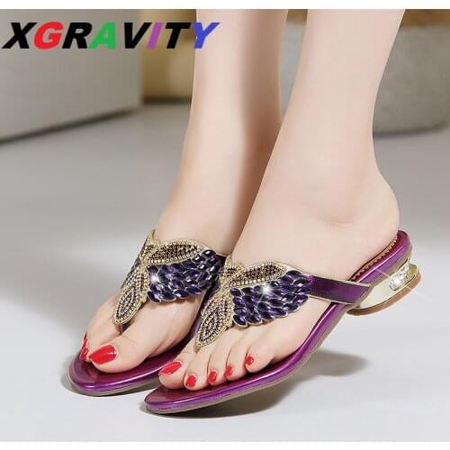 XGRAVITY New Fashion Flat Shoes Elegant Genuine Leather Women Slides Rhinestone Fashion Girls Flip Flops Female Crystal Footwear