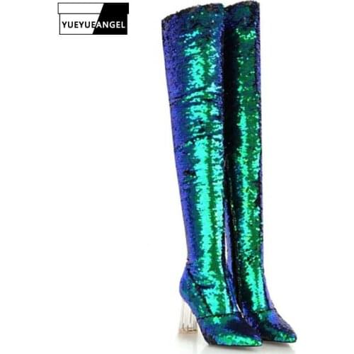 Plus Size Runway Boots Women Sequins Crystal Block Heel Over The Knee Boots Sexy High Heels Party Clubnight Thigh High Boots