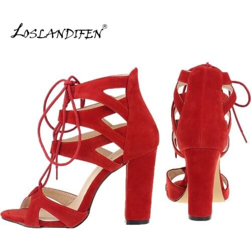 LOSLANDIFEN New Fashion Women Shoes Pumps Faux Velvet Open Toe Ankle Straps Square High Heels Summer Bridal 368A-VE