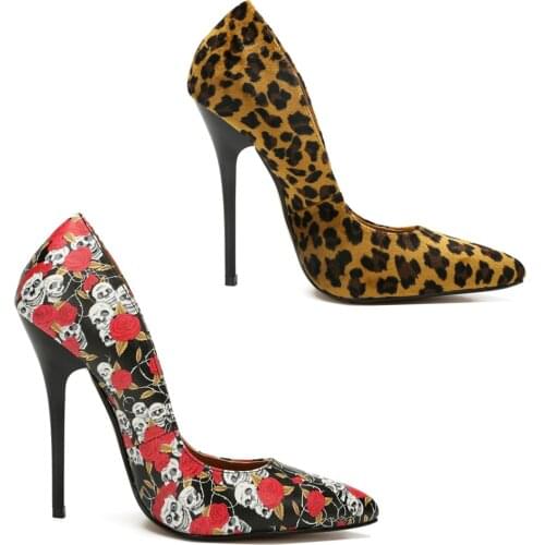 Leopard Print/Poppy Skeleton Pointed-Toe High Heels Women Pump Basic Fine with Size37-48 Womens Shoes Party Office Shoes 8/13cm