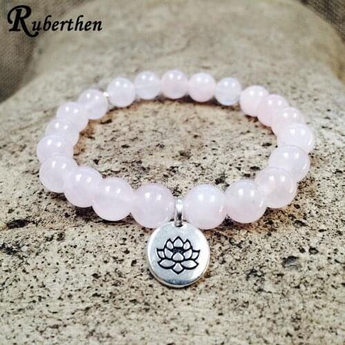 Ruberthen Fashion Yoga Bracelet For Women Natural Rose Quarz Beaded Bracelet Lotus Charm Bracelet Natural Crystal Mala Bracelet