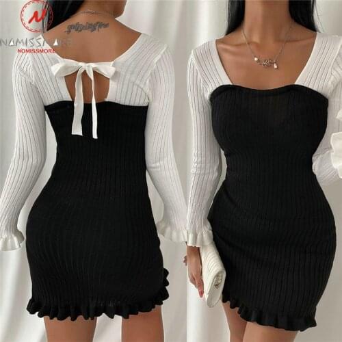 Fashion Women Spring Autumn Skinny Dress Color Matching Design Bow Decor O-Neck Long Sleeve High Waist Slim Hip Mini Dress