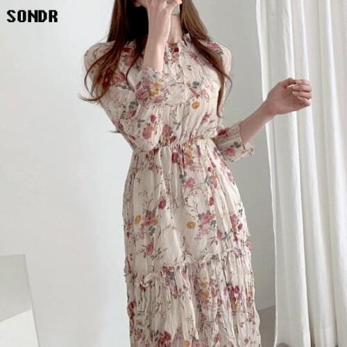 One-Piece WomenS Dress Fall 2020 Korean Elegant Sweet Floral Stand Collar Pleated Slim High Waist Loose Dress Women Midi Dress