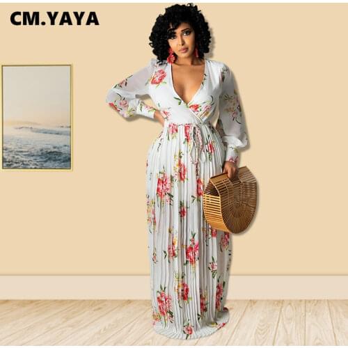 CM.YAYA Women Chiffon Dress Print Bandage Sashes Waist-tight Dresses Loose Long Maxi Vestidos Female Vintage Outfits Autumn 2021