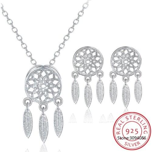 925 Sterling Silver 2021 Korean Style Feather Dreamcatcher Jewelry Set Pendant Necklace + Earring 2pcs/Set For Women Gift