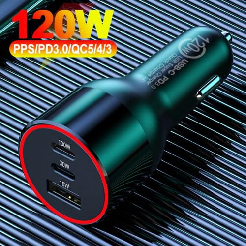 120W Car USB Charger Quick Charge 3.0 4.0 PPS 3 Port PD100/65/36W For Macbook Samsung Iphone 11 12 Xiaomi Type-C Phone Charger