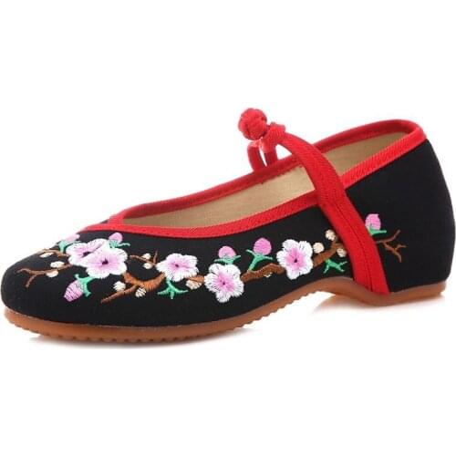 YourSeason Plum Flower Embroidered Ladies Cotton Fabric Flat Shoes Instep Strap Chinese Style Embroidery Ballet Flats For Women