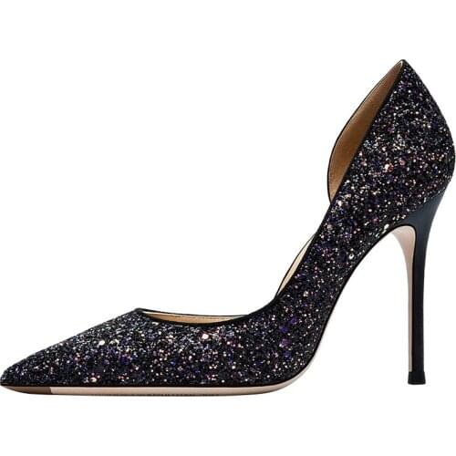 Free shipping fashion women pumps black glitter pointy toe heels stripper bridal wedding shoes shoes