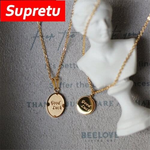 Supretu Good Luck Gold Coin Oval Pendant Necklace Women Titanium Steel Plating 14K Glod Choker Necklaces Jewelry Birthday Gifts