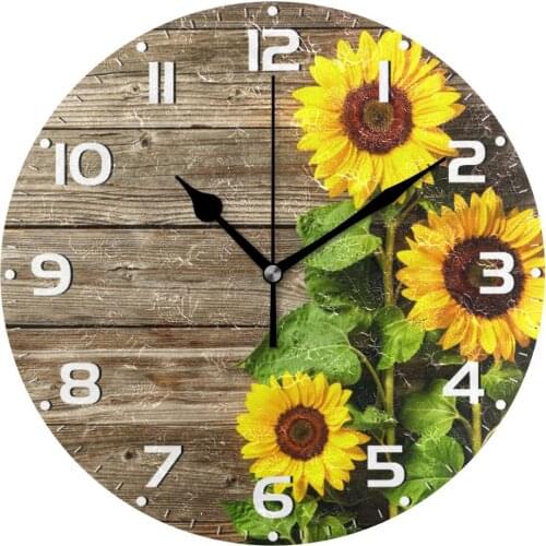 3D Sunflowers Vintage Wood Print Round Wall Clock Silent Wall Watch Battery Operated Quartz Analog Quiet Desk Clock for Home