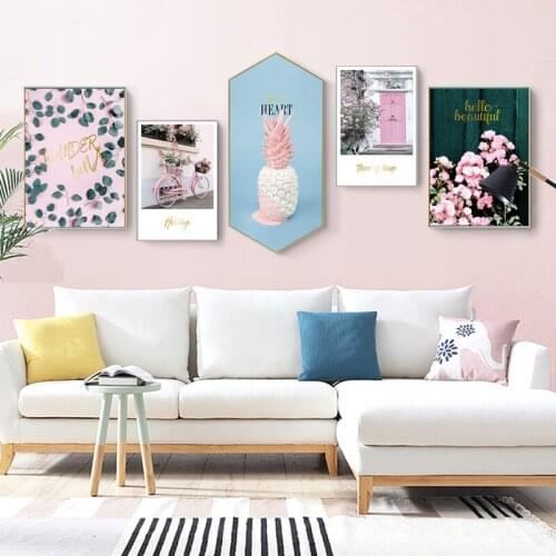 Romatic Pink Flowers Garden Bicycle Posters Prints Scandinavian Girls Room Wall Pictures Home Decorative Canvas Painting Custom